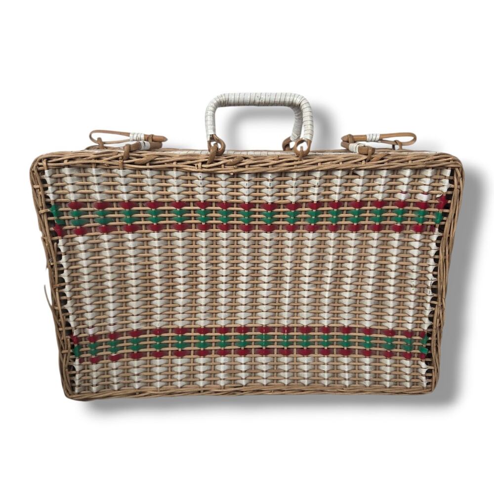 Vintage Picnic Basket Woven Vinyl Red White Green Retro MCM Stage Prop Decor